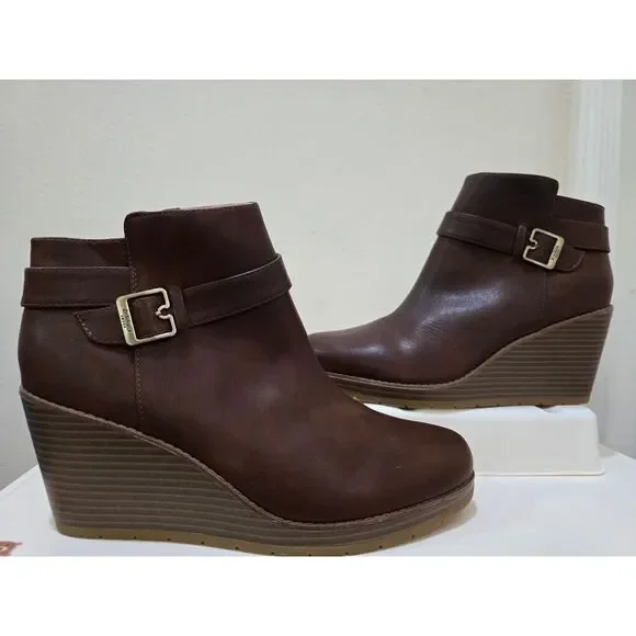 DR SCHOLLS Brown Anti-Odor 1/2" Platform Wedge Buckle Booties Comfort 11 M - Picture 2 of 10